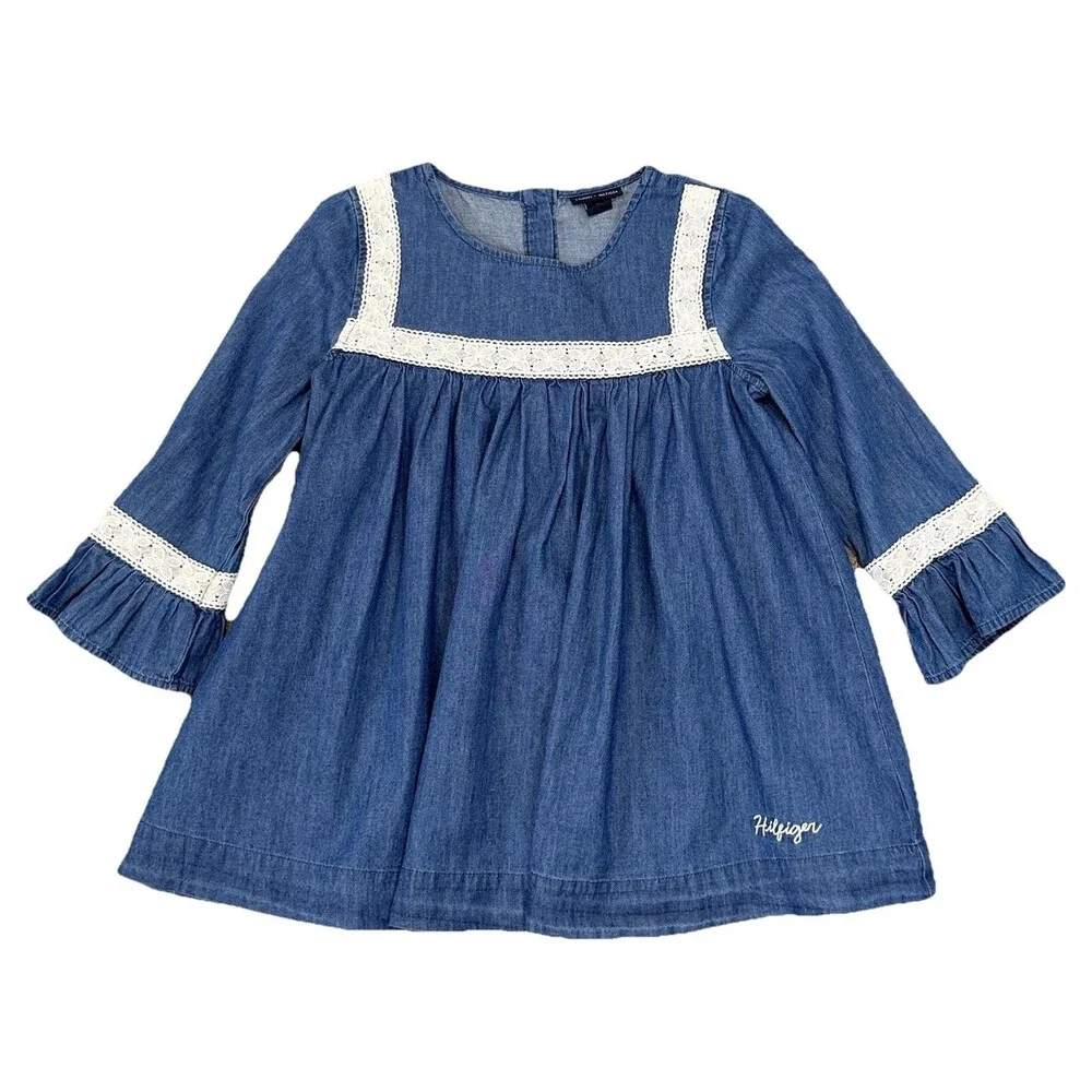 Tommy Hilfiger Girls Chambray Lace Trim Long Sleeve Dress Ruffles Size 6X Preppy